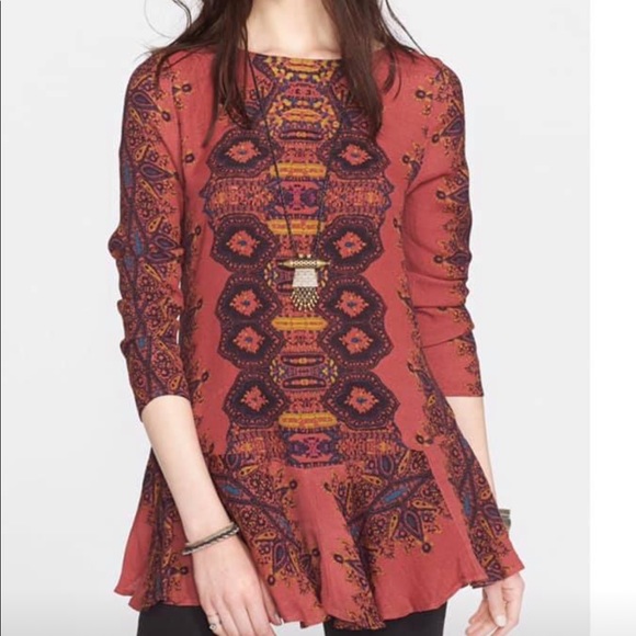 Free People Smooth Talker Mini Tunic Boho Dress Rust Red Paisley Ruffle Hem - Picture 2 of 6